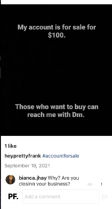 instagram post saying account is for sale for $100